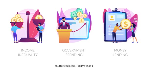 Money distribution abstract concept vector illustration set. Income inequality, government spending, money lending, salary gap, country budget, bank credit, individual loan, welfare abstract metaphor.