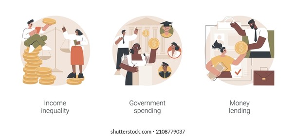 Money distribution abstract concept vector illustration set. Income inequality, government spending, money lending, salary gap, country budget, bank credit, individual loan, welfare abstract metaphor.