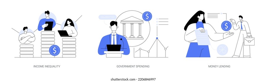 Money distribution abstract concept vector illustration set. Income inequality, government spending, money lending, salary gap, country budget, bank credit, individual loan, welfare abstract metaphor.