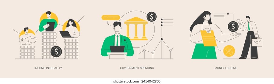 Money distribution abstract concept vector illustration set. Income inequality, government spending, money lending, salary gap, country budget, bank credit, individual loan, welfare abstract metaphor.