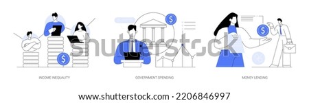 Money distribution abstract concept vector illustration set. Income inequality, government spending, money lending, salary gap, country budget, bank credit, individual loan, welfare abstract metaphor.