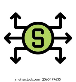 Money distribution and allocation, expanding business and financial control with arrows symbolizing investment strategy and cash flow management