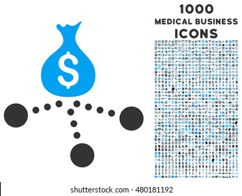 Money Distribution vector bicolor icon with 1000 medical business icons. Set style is flat pictograms, blue and gray colors, white background.