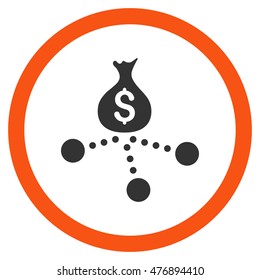 Money Distribution vector bicolor rounded icon. Image style is a flat icon symbol inside a circle, orange and gray colors, white background.