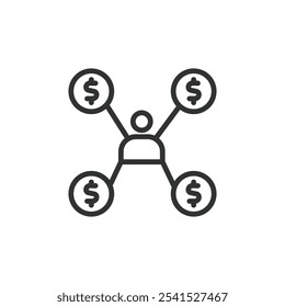 Diversificación de dinero, icono en diseño de línea. Dinero, diversificación, finanzas, inversión, Cartera, patrimonio, bienes sobre Vector de fondo blanco. Icono de trazo editable de diversificación de dinero