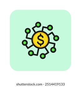 Icono de línea de diversificación monetaria. Ciclo, moneda, pago. Concepto bancario. Puede ser utilizado para temas como finanzas, salario, ganancias