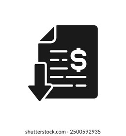 Money document with arrow down. Tax decrease icon flat style isolated on white background. Vector illustration