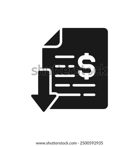 Money document with arrow down. Tax decrease icon flat style isolated on white background. Vector illustration
