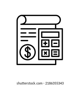 Money document and calculator outline icon. linear style sign for mobile concept and web design. Financial accounting simple line vector icon. Symbol, logo illustration. Pixel perfect vector graphics
