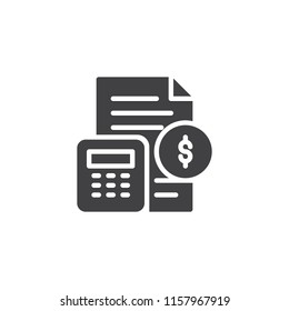 Money document and calculator vector icon. filled flat sign for mobile concept and web design. Financial accounting simple solid icon. Symbol, logo illustration. Pixel perfect vector graphics