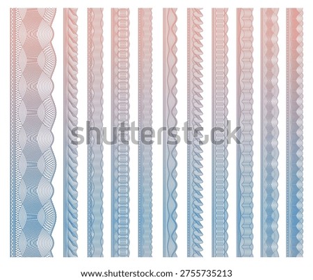 Money and document security guilloche border frames, vector watermark templates. Passport and currency watermark ornaments and guilloche border frames for currency banknotes or certificate