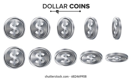 Money. Dollar 3D Silver Coins Vector Set. Realistic Illustration. Flip Different Angles. Money Front Side. Investment Concept. Finance Coin Icons, Sign, Success Banking Cash Symbol. Currency Isolated