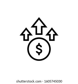 Money dollar up arrow, growth finance graphic, concept icon design  in outline style on white background