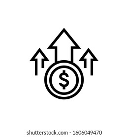 Money dollar up arrow, growth finance graphic, concept icon design  in outline style on white background