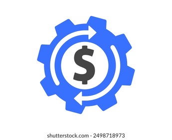 Money dollar asset optimice el ícono de servicio Vector gráfico simple, presupuesto en efectivo símbolo de eficiencia de costos plano, fondo azul rueda dentada rotación de flecha como tecnología de ingresos Imagen arte de Clip