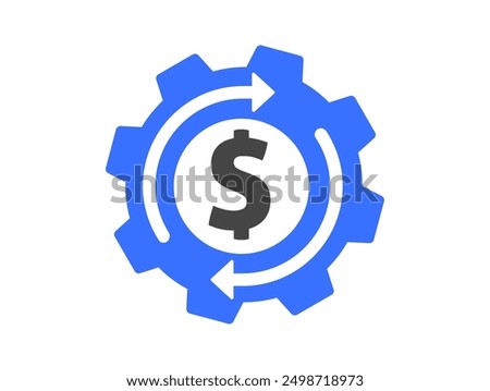 Money dollar asset optimize service icon vector simple graphic, cash budget cost efficiency sign symbol flat, blue fund cog wheel gear arrow rotation as income technology image clip art