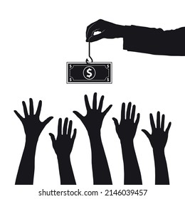 Money dollar bait and hands raised up try to catch money silhouette vector illustration.