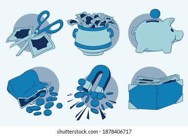 Money. Dollar banknotes. Cash. Flat style vector illustration, collection of money flat icons. different kinds money icon design, money saving