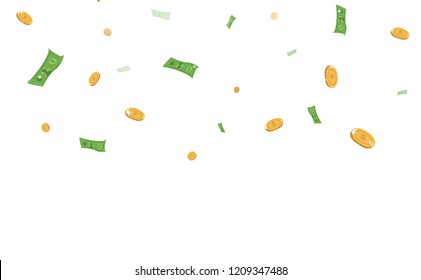 Money, dollar banks and coins falling, business concept vector background