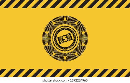 money, dollar bill icon black grunge emblem with yellow background. Vector Illustration. Detailed.