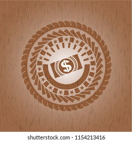 money, dollar bill icon inside realistic wooden emblem