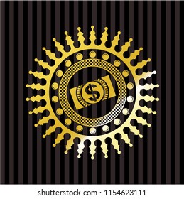 money, dollar bill icon inside golden badge