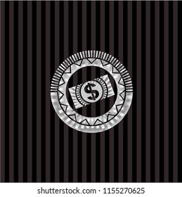 money, dollar bill icon inside silver emblem
