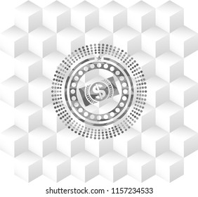 money, dollar bill icon inside grey badge with geometric cube white background