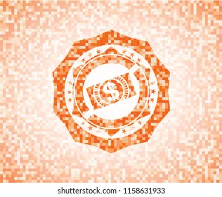 money, dollar bill icon inside orange mosaic emblem