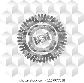 money, dollar bill icon inside grey emblem. Vintage with geometric cube white background