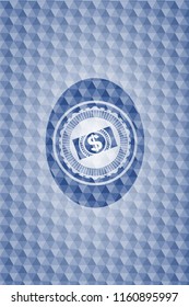 money, dollar bill icon inside blue polygonal badge.