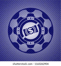 money, dollar bill icon inside jean or denim emblem or badge background
