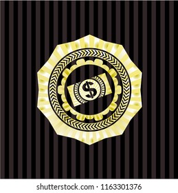 money, dollar bill icon inside golden emblem