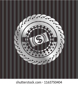 money, dollar bill icon inside silvery badge or emblem