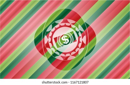 money, dollar bill icon inside christmas colors badge.