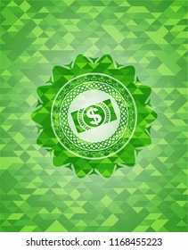 money, dollar bill icon inside green emblem with mosaic ecological style background