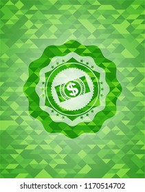 money, dollar bill icon inside realistic green emblem. Mosaic background