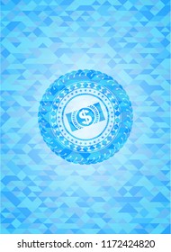 money, dollar bill icon inside light blue emblem. Mosaic background