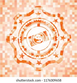 money, dollar bill icon inside orange mosaic emblem