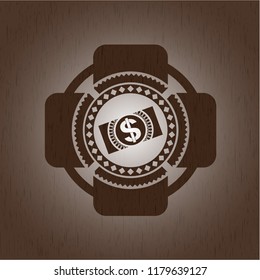 money, dollar bill icon inside retro style wood emblem