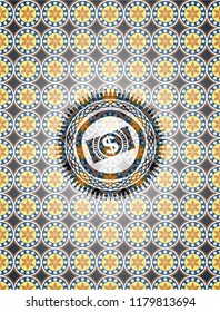 money, dollar bill icon inside arabic style emblem. Arabesque decoration.
