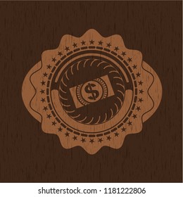 money, dollar bill icon inside vintage wood emblem