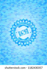 money, dollar bill icon inside realistic light blue emblem. Mosaic background
