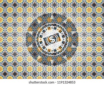 money, dollar bill icon inside arabic style badge. Arabesque decoration.