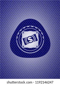 money, dollar bill icon inside emblem with jean background
