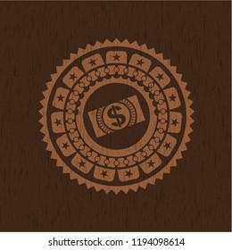 money, dollar bill icon inside vintage wooden emblem