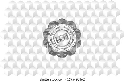 money, dollar bill icon inside grey emblem with geometric cube white background