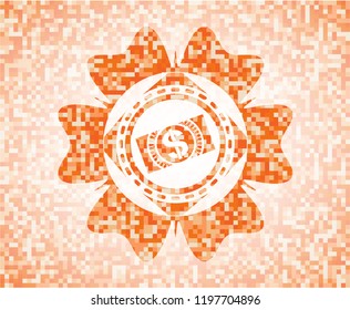 money, dollar bill icon inside abstract emblem, orange mosaic background