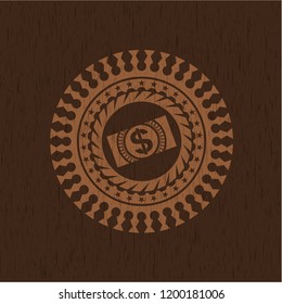 money, dollar bill icon inside retro wood emblem