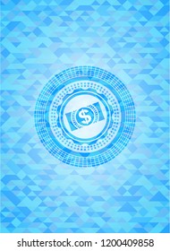 money, dollar bill icon inside light blue emblem with triangle mosaic background